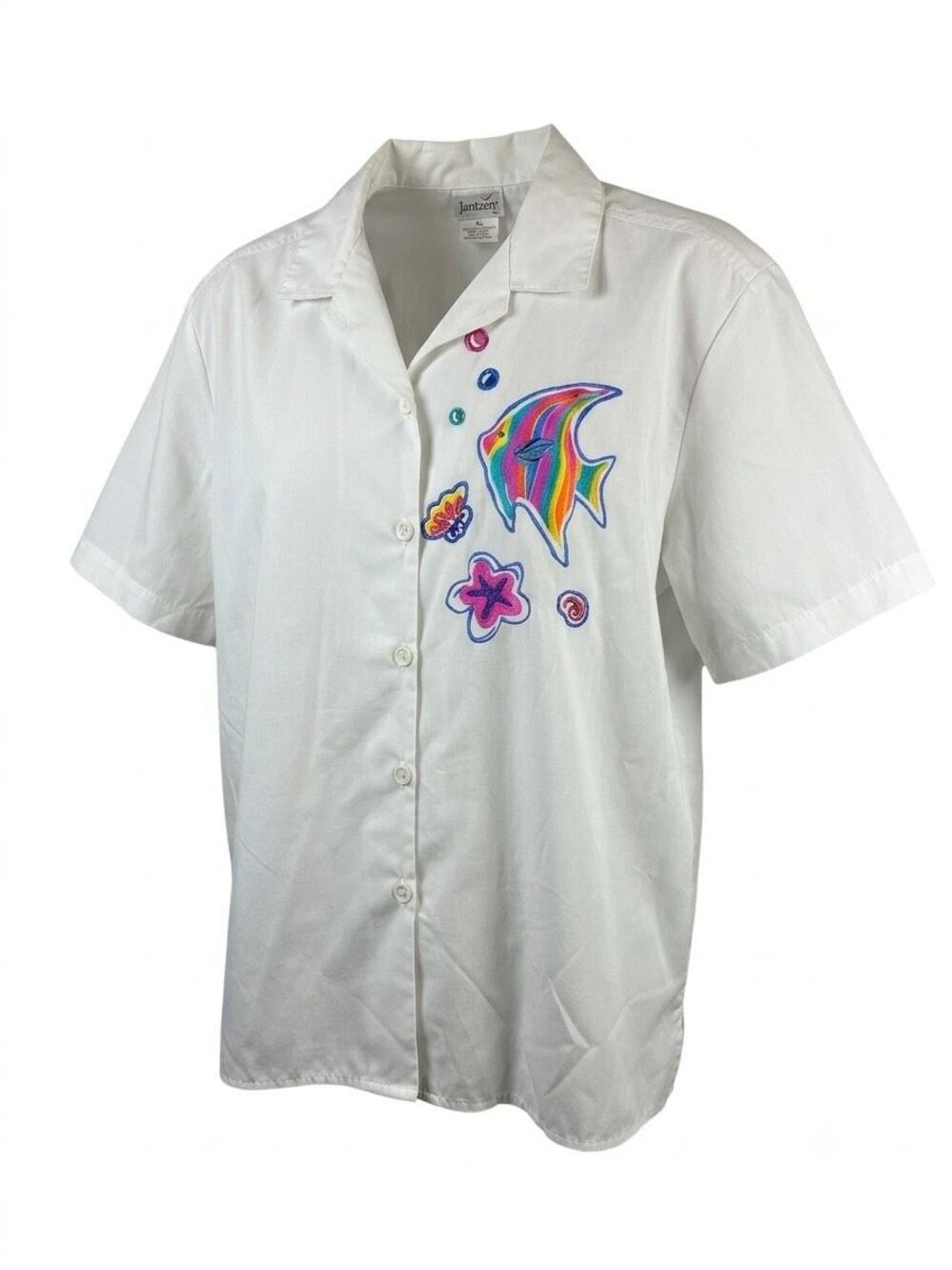 Jantzen Vintage 90s White Tropical Fish Embroidered Button-Up Shirt L